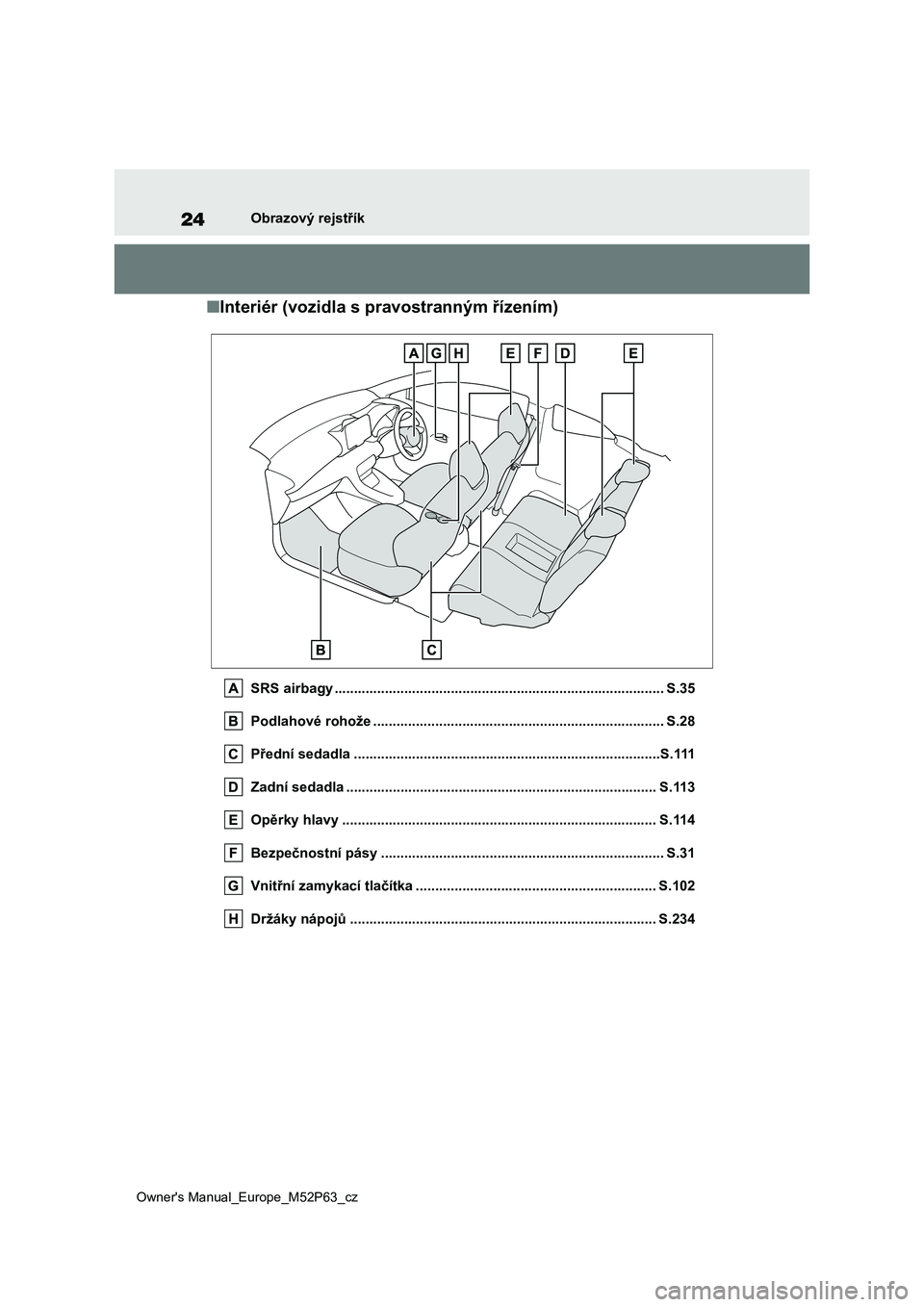 TOYOTA GR YARIS 2023 Návod na použití (in Czech) 24
Owner's Manual_Europe_M52P63_cz
Obrazový rejstřík
■Interiér (vozidla s pravostranným řízením)
SRS airbagy ............................................................................. TOYOTA GR YARIS 2023 Návod na použití (in Czech) 24
Owner's Manual_Europe_M52P63_cz
Obrazový rejstřík
■Interiér (vozidla s pravostranným řízením)
SRS airbagy .............................................................................