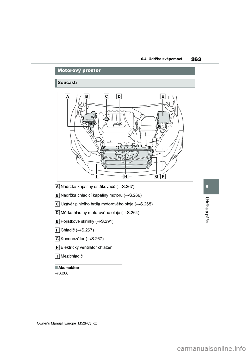 TOYOTA GR YARIS 2023  Návod na použití (in Czech) 263
6
Owner's Manual_Europe_M52P63_cz
6-4. Údržba svépomocí
Údržba a péče
Nádržka kapaliny ostřikovačů (S.267) 
Nádržka chladicí k apaliny motoru (S.266) 
Uzávěr plnicího 