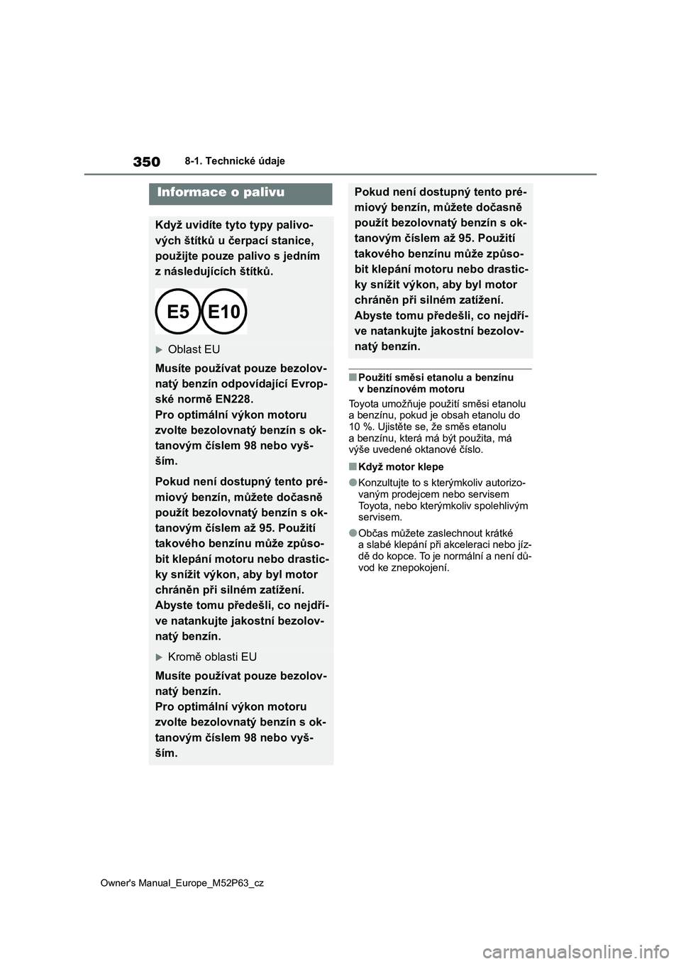 TOYOTA GR YARIS 2023  Návod na použití (in Czech) 350
Owner's Manual_Europe_M52P63_cz
8-1. Technické údaje
■Použití směsi etanolu a benzínu  
v benzínovém motoru 
Toyota umožňuje použ ití směsi etanolu  
a benzínu, pokud je  obsah