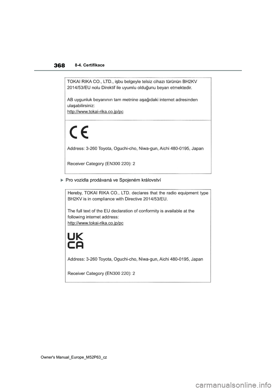 TOYOTA GR YARIS 2023  Návod na použití (in Czech) 368
Owner's Manual_Europe_M52P63_cz
8-4. Certifikace
Pro vozidla prodávaná ve Spojeném království 