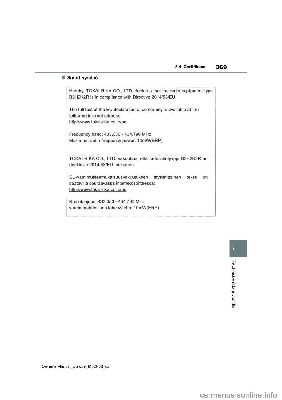 TOYOTA GR YARIS 2023  Návod na použití (in Czech) 369
8
Owner's Manual_Europe_M52P63_cz
8-4. Certifikace
Technické údaje vozidla
■Smart vysílač 