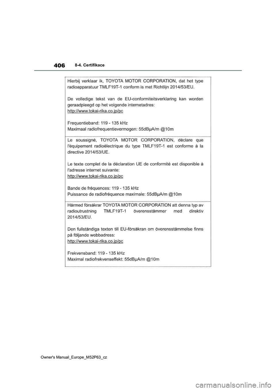 TOYOTA GR YARIS 2023  Návod na použití (in Czech) 406
Owner's Manual_Europe_M52P63_cz
8-4. Certifikace 