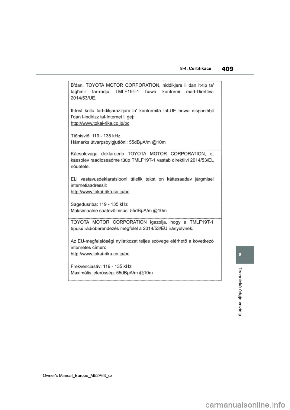 TOYOTA GR YARIS 2023 Návod na použití (in Czech) 409
8
Owner's Manual_Europe_M52P63_cz
8-4. Certifikace
Technické údaje vozidla TOYOTA GR YARIS 2023 Návod na použití (in Czech) 409
8
Owner's Manual_Europe_M52P63_cz
8-4. Certifikace
Technické údaje vozidla
