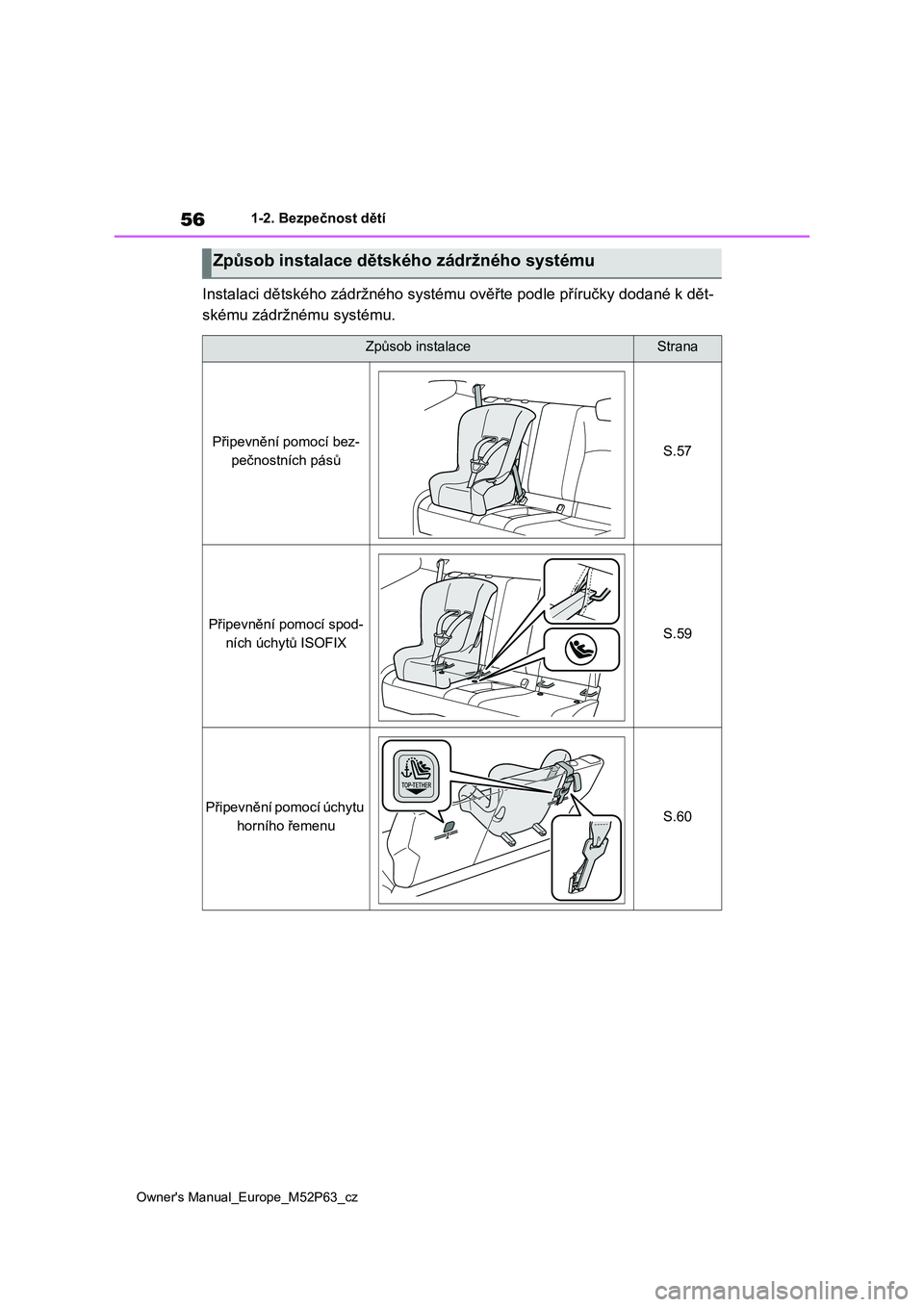 TOYOTA GR YARIS 2023  Návod na použití (in Czech) 56
Owner's Manual_Europe_M52P63_cz
1-2. Bezpečnost dětí
Instalaci dětského zádržného systému ověřte podle příručky dodané k dět- 
skému zádržnému systému.
Způsob instalace d