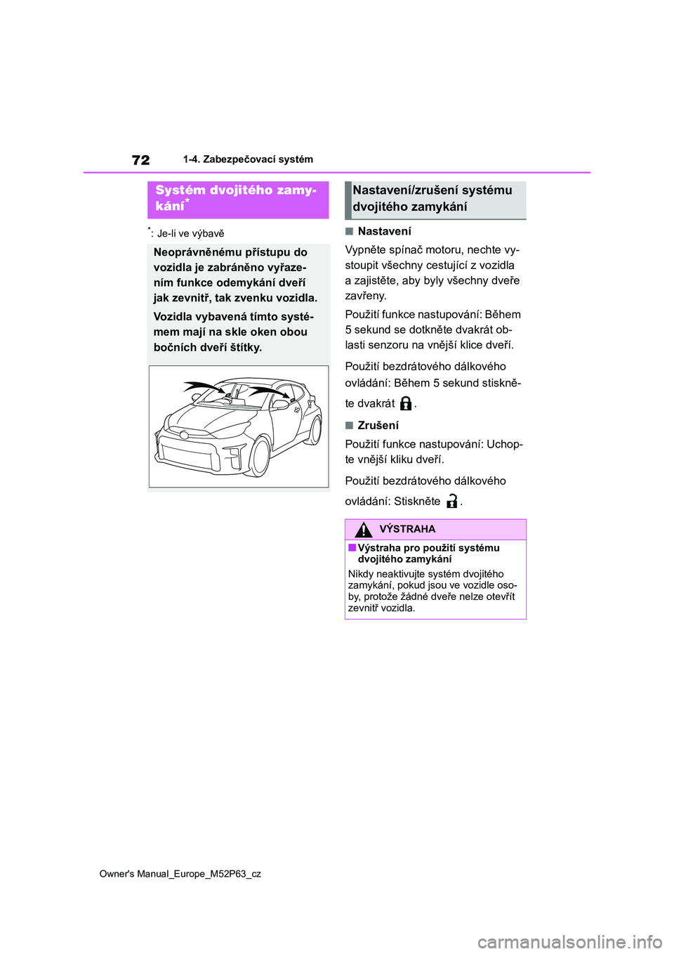 TOYOTA GR YARIS 2023 Návod na použití (in Czech) 72
Owner's Manual_Europe_M52P63_cz
1-4. Zabezpečovací systém
*: Je-li ve výbavě■Nastavení
Vypněte spínač motoru, nechte vy-
stoupit všechny cestující z vozidla
a zajistěte, aby b TOYOTA GR YARIS 2023 Návod na použití (in Czech) 72
Owner's Manual_Europe_M52P63_cz
1-4. Zabezpečovací systém
*: Je-li ve výbavě■Nastavení
Vypněte spínač motoru, nechte vy-
stoupit všechny cestující z vozidla
a zajistěte, aby b