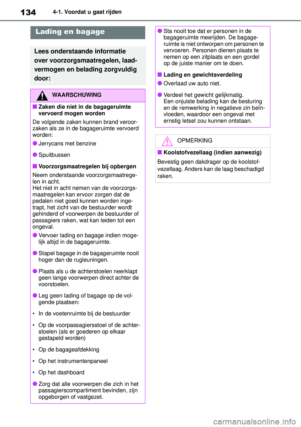 TOYOTA GR YARIS 2022 Instructieboekje (in Dutch) 1344-1. Voordat u gaat rijden
Lading en bagage
Lees onderstaande informatie
over voorzorgsmaatregelen, laad-
vermogen en belading zorgvuldig
door:
WAARSCHUWING
■Zaken die niet in de bagageruimte
TOYOTA GR YARIS 2022 Instructieboekje (in Dutch) 1344-1. Voordat u gaat rijden
Lading en bagage
Lees onderstaande informatie
over voorzorgsmaatregelen, laad-
vermogen en belading zorgvuldig
door:
WAARSCHUWING
■Zaken die niet in de bagageruimte