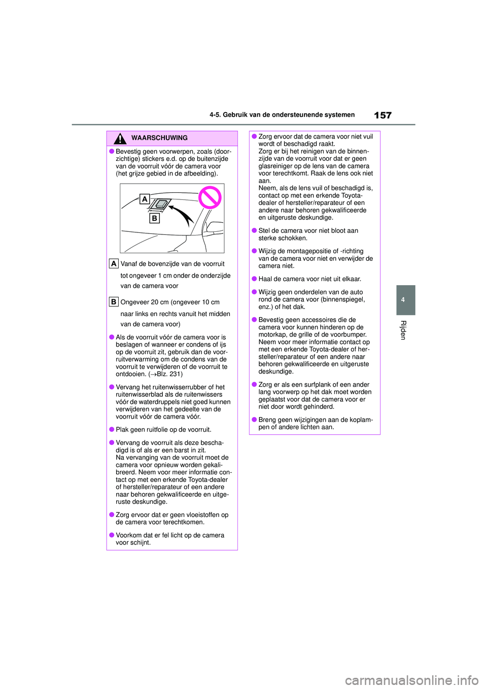 TOYOTA GR YARIS 2022 Instructieboekje (in Dutch) 157
4
YARIS(GR) handleiding_Europa_M52L09_nl
4-5. Gebruik van de ondersteunende systemen
Rijden
WAARSCHUWING
●Bevestig geen voorwerpen, zoals (door-
zichtige) stickers e.d. op de buitenzijde
van de TOYOTA GR YARIS 2022 Instructieboekje (in Dutch) 157
4
YARIS(GR) handleiding_Europa_M52L09_nl
4-5. Gebruik van de ondersteunende systemen
Rijden
WAARSCHUWING
●Bevestig geen voorwerpen, zoals (door-
zichtige) stickers e.d. op de buitenzijde
van de