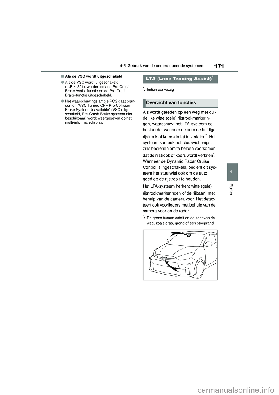 TOYOTA GR YARIS 2022 Instructieboekje (in Dutch) 171
4
YARIS(GR) handleiding_Europa_M52L09_nl
4-5. Gebruik van de ondersteunende systemen
Rijden
■Als de VSC wordt uitgeschakeld
●Als de VSC wordt uitgeschakeld
( Blz. 221), worden ook de Pre-C TOYOTA GR YARIS 2022 Instructieboekje (in Dutch) 171
4
YARIS(GR) handleiding_Europa_M52L09_nl
4-5. Gebruik van de ondersteunende systemen
Rijden
■Als de VSC wordt uitgeschakeld
●Als de VSC wordt uitgeschakeld
( Blz. 221), worden ook de Pre-C