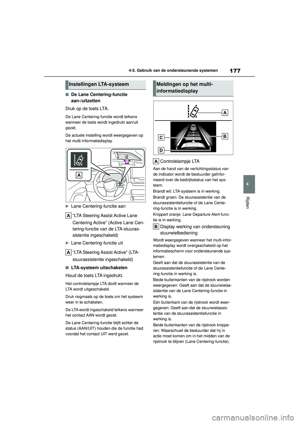 TOYOTA GR YARIS 2022 Instructieboekje (in Dutch) 177
4
YARIS(GR) handleiding_Europa_M52L09_nl
4-5. Gebruik van de ondersteunende systemen
Rijden
■De Lane Centering-functie
aan-/uitzetten
Druk op de toets LTA.
De Lane Centering-functie wordt telke TOYOTA GR YARIS 2022 Instructieboekje (in Dutch) 177
4
YARIS(GR) handleiding_Europa_M52L09_nl
4-5. Gebruik van de ondersteunende systemen
Rijden
■De Lane Centering-functie
aan-/uitzetten
Druk op de toets LTA.
De Lane Centering-functie wordt telke