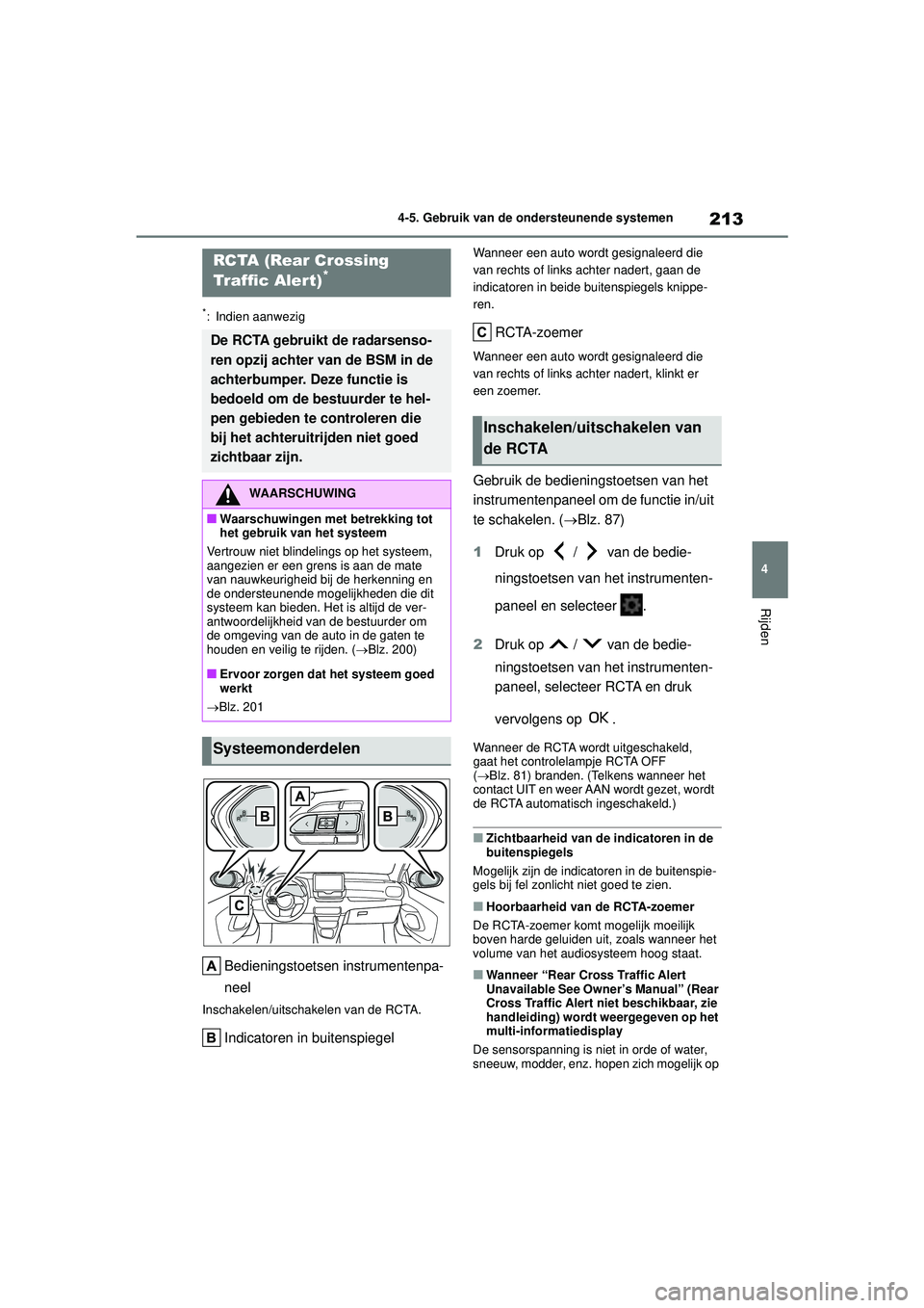 TOYOTA GR YARIS 2022 Instructieboekje (in Dutch) 213
4
YARIS(GR) handleiding_Europa_M52L09_nl
4-5. Gebruik van de ondersteunende systemen
Rijden
*: Indien aanwezig
Bedieningstoetsen instrumentenpa-
neel
Inschakelen/uitschakelen van de RCTA.
Indicato TOYOTA GR YARIS 2022 Instructieboekje (in Dutch) 213
4
YARIS(GR) handleiding_Europa_M52L09_nl
4-5. Gebruik van de ondersteunende systemen
Rijden
*: Indien aanwezig
Bedieningstoetsen instrumentenpa-
neel
Inschakelen/uitschakelen van de RCTA.
Indicato