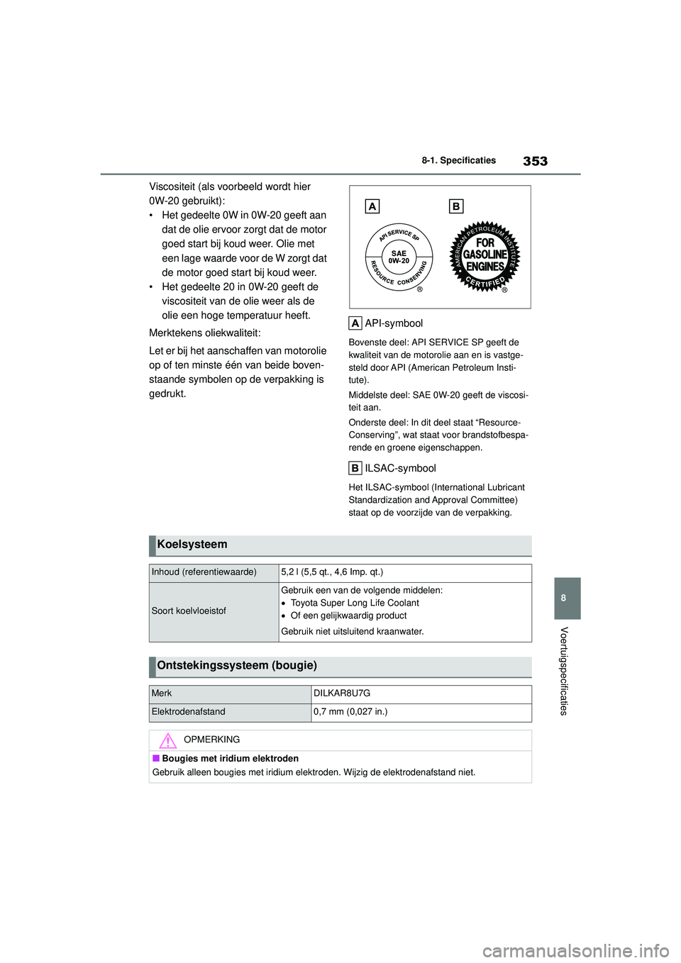 TOYOTA GR YARIS 2022  Instructieboekje (in Dutch) 353
8
YARIS(GR) handleiding_Europa_M52L09_nl
8-1. Specificaties
Voertuigspecificaties
Viscositeit (als voorbeeld wordt hier 
0W-20 gebruikt):
• Het gedeelte 0W in 0W-20 geeft aan dat de olie ervoor 