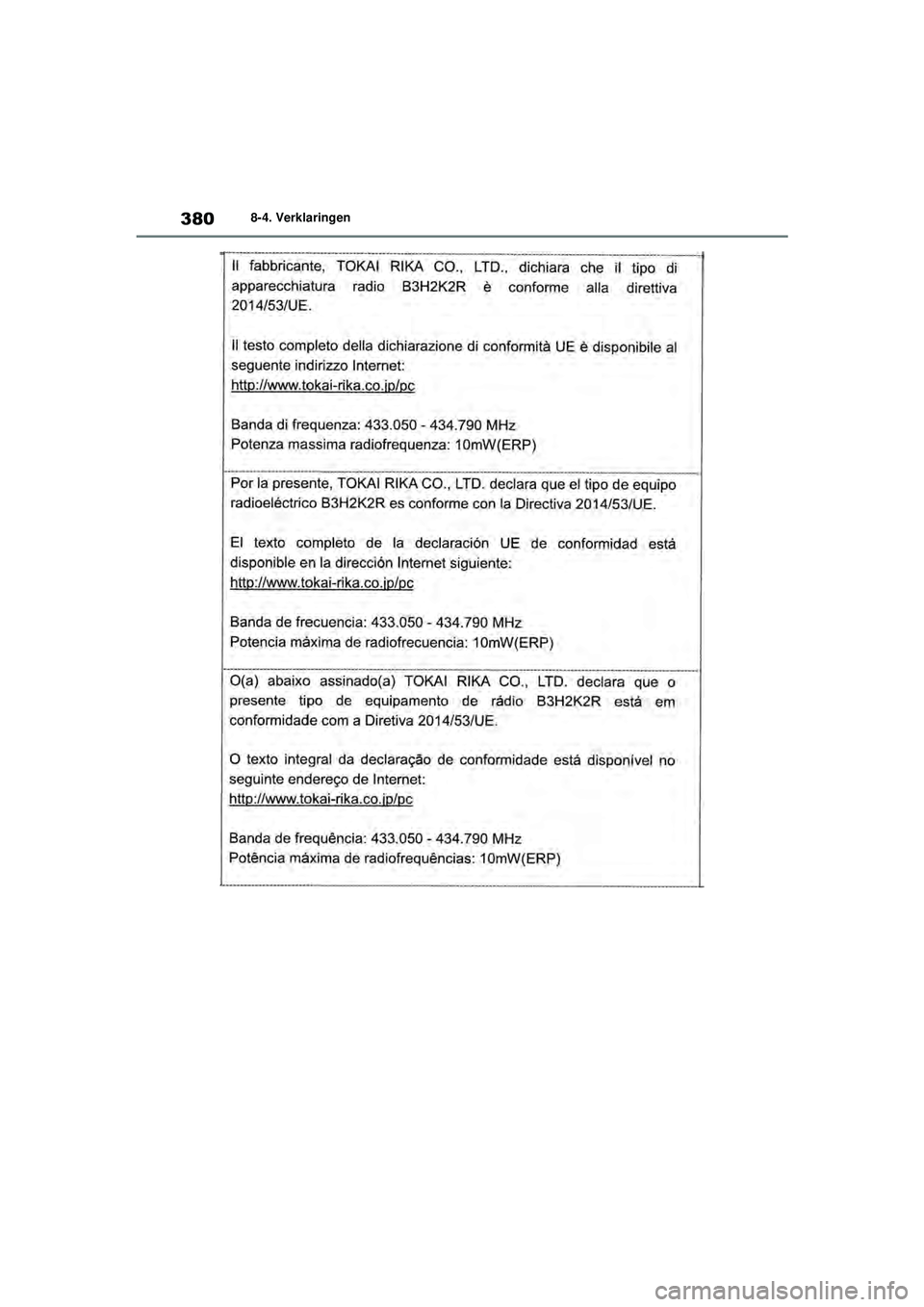 TOYOTA GR YARIS 2022  Instructieboekje (in Dutch) 380
YARIS(GR) handleiding_Europa_M52L09_nl
8-4. Verklaringen
GR_Yaris_OM_Europe_OM52L09E.book  Page 380  Thursday, August 27, 2020  1:58 PM 