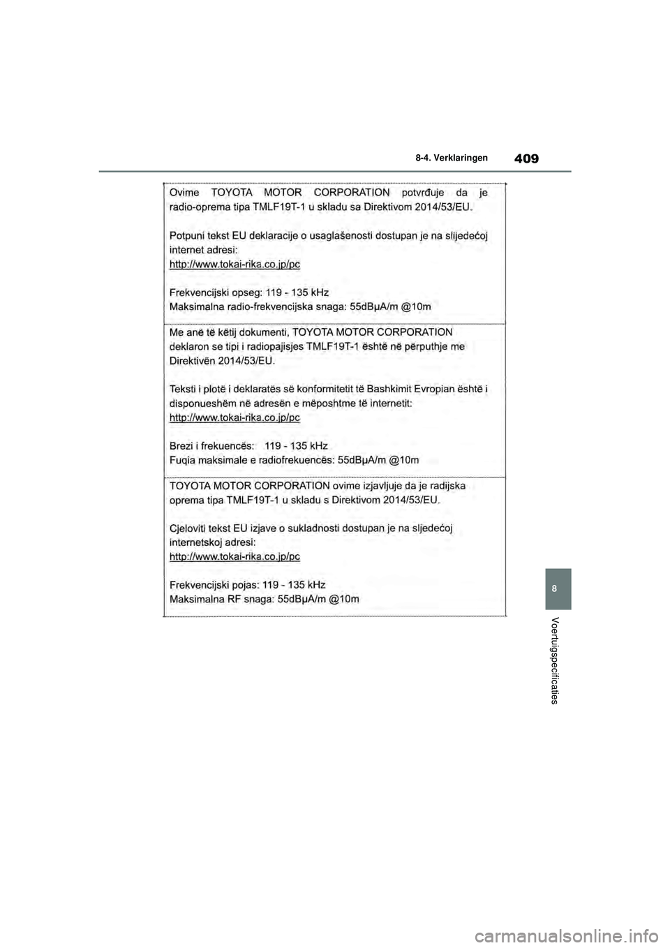 TOYOTA GR YARIS 2022  Instructieboekje (in Dutch) 409
8
YARIS(GR) handleiding_Europa_M52L09_nl
8-4. Verklaringen
Voertuigspecificaties
GR_Yaris_OM_Europe_OM52L09E.book  Page 409  Thursday, August 27, 2020  1:58 PM 