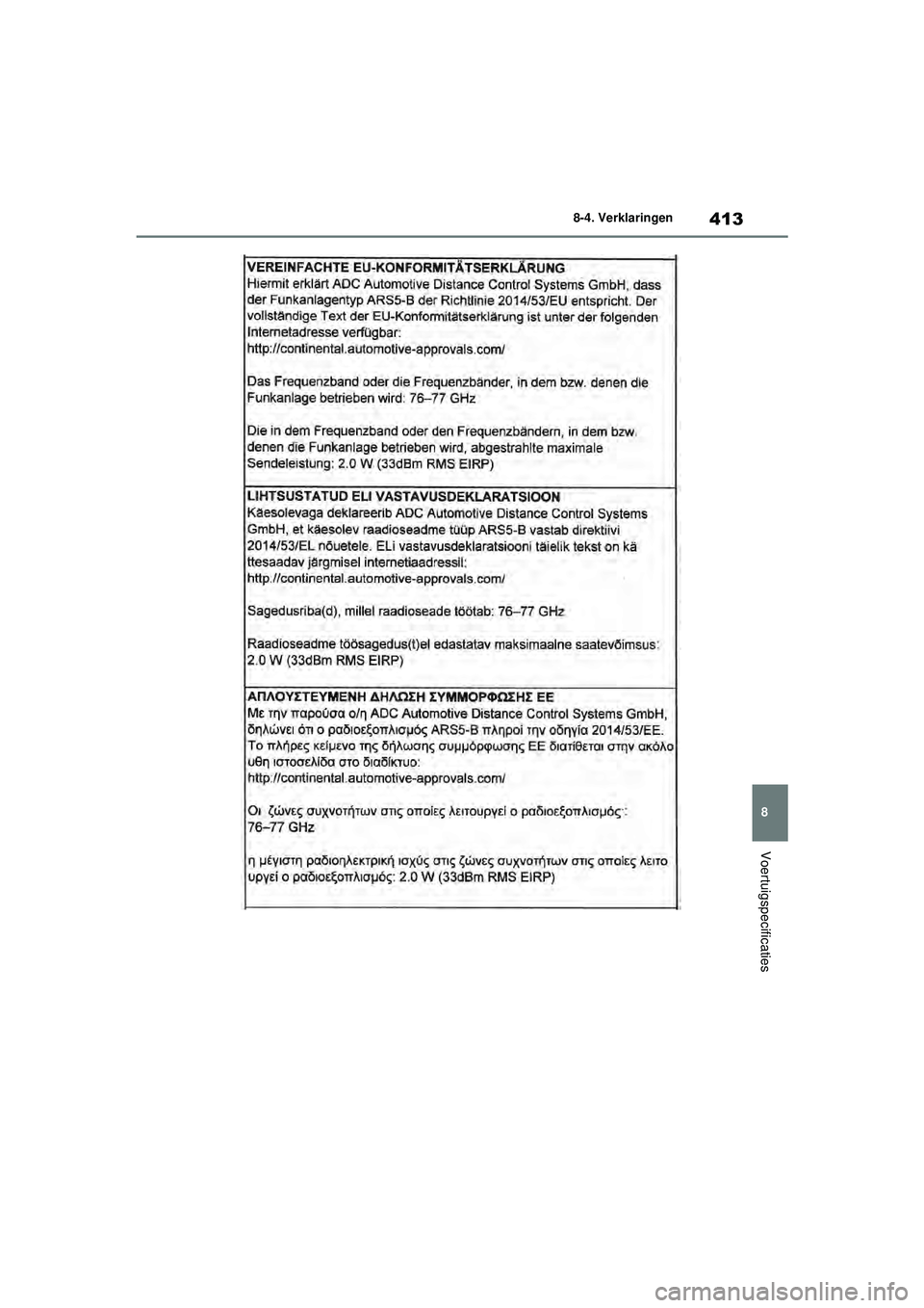 TOYOTA GR YARIS 2022  Instructieboekje (in Dutch) 413
8
YARIS(GR) handleiding_Europa_M52L09_nl
8-4. Verklaringen
Voertuigspecificaties
GR_Yaris_OM_Europe_OM52L09E.book  Page 413  Thursday, August 27, 2020  1:58 PM 