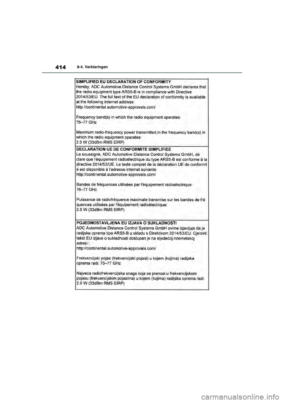 TOYOTA GR YARIS 2022  Instructieboekje (in Dutch) 414
YARIS(GR) handleiding_Europa_M52L09_nl
8-4. Verklaringen
GR_Yaris_OM_Europe_OM52L09E.book  Page 414  Thursday, August 27, 2020  1:58 PM 