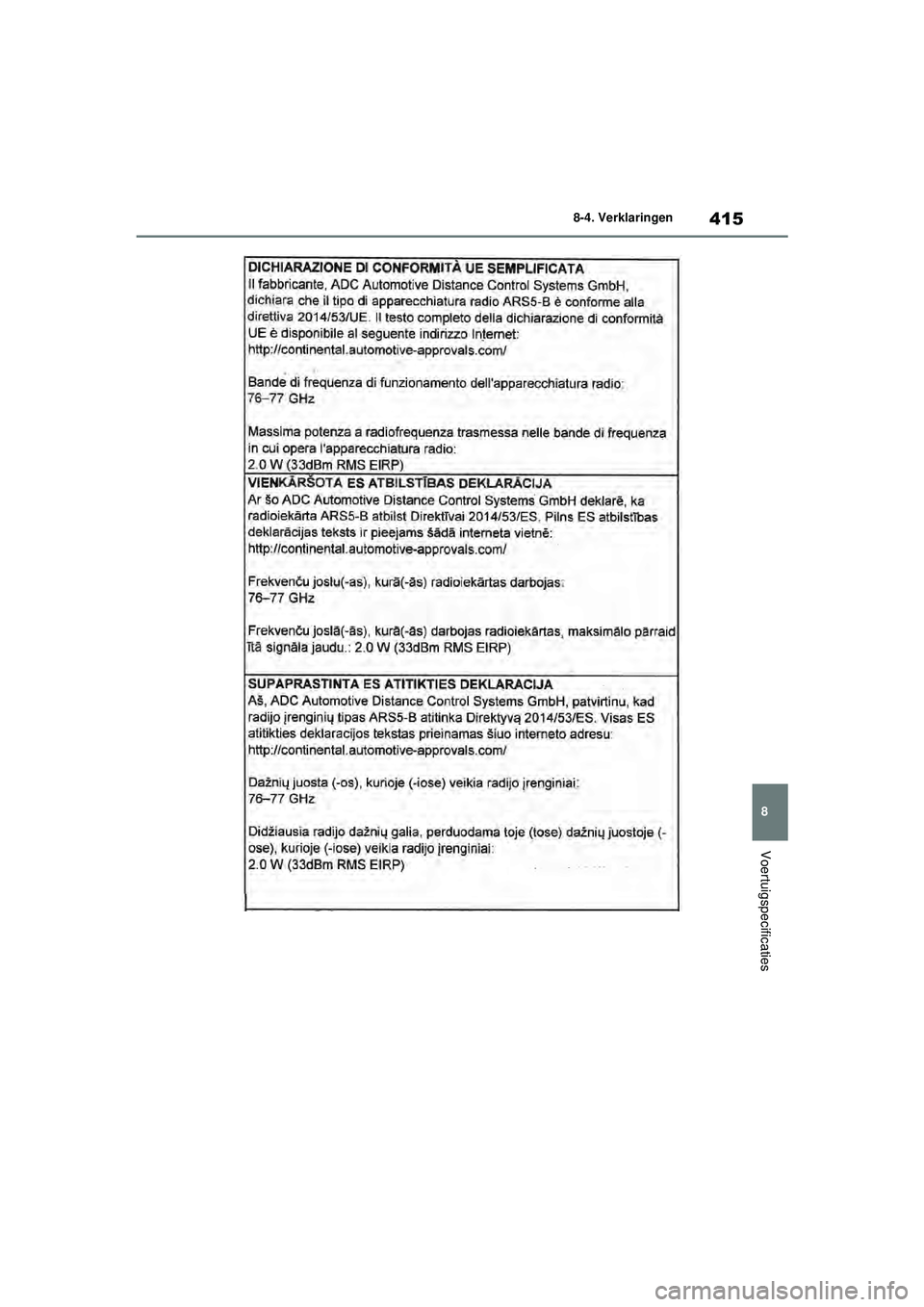 TOYOTA GR YARIS 2022  Instructieboekje (in Dutch) 415
8
YARIS(GR) handleiding_Europa_M52L09_nl
8-4. Verklaringen
Voertuigspecificaties
GR_Yaris_OM_Europe_OM52L09E.book  Page 415  Thursday, August 27, 2020  1:58 PM 