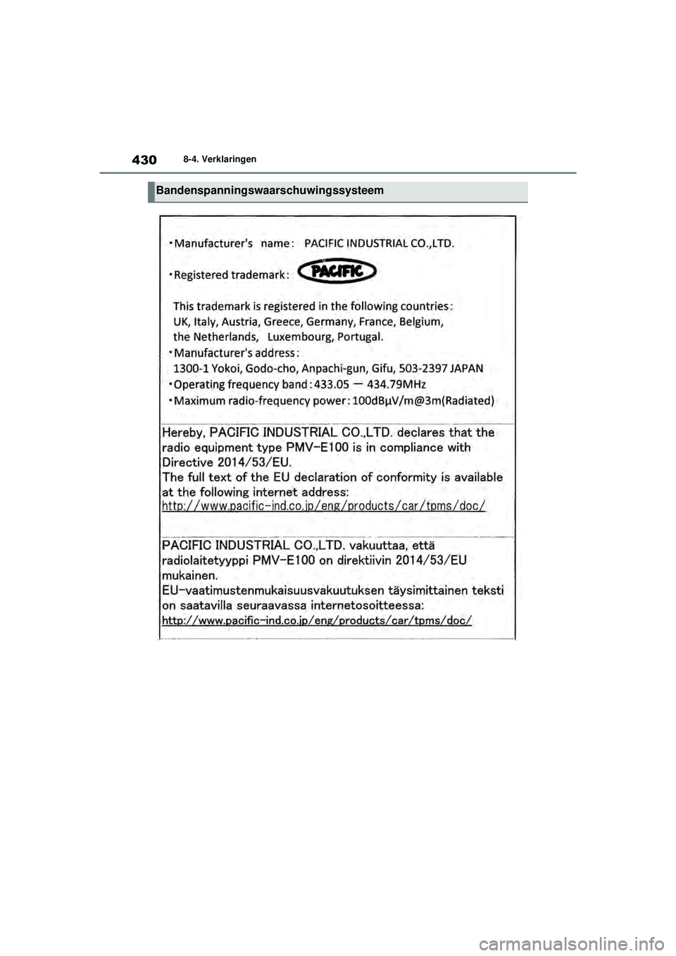 TOYOTA GR YARIS 2022  Instructieboekje (in Dutch) 430
YARIS(GR) handleiding_Europa_M52L09_nl
8-4. Verklaringen
Bandenspanningswaarschuwingssysteem
GR_Yaris_OM_Europe_OM52L09E.book  Page 430  Thursday, August 27, 2020  1:58 PM 