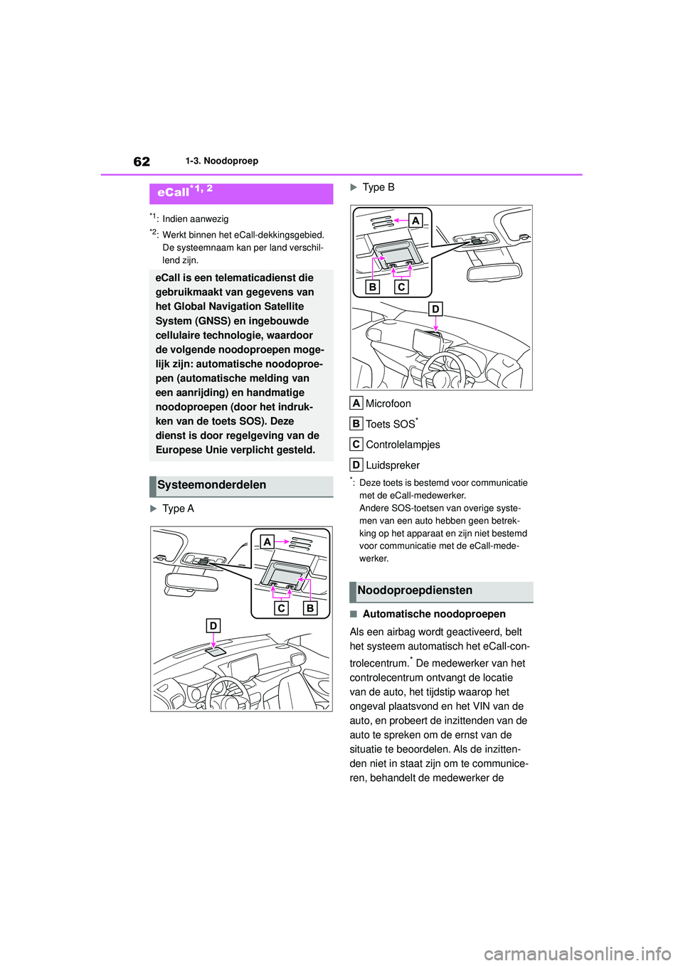 TOYOTA GR YARIS 2022 Instructieboekje (in Dutch) 62
YARIS(GR) handleiding_Europa_M52L09_nl
1-3. Noodoproep
1-3.Noodoproep
*1: Indien aanwezig
*2: Werkt binnen het eCall-dekkingsgebied. De systeemnaam kan per land verschil-
lend zijn.
Type A
T TOYOTA GR YARIS 2022 Instructieboekje (in Dutch) 62
YARIS(GR) handleiding_Europa_M52L09_nl
1-3. Noodoproep
1-3.Noodoproep
*1: Indien aanwezig
*2: Werkt binnen het eCall-dekkingsgebied. De systeemnaam kan per land verschil-
lend zijn.
Type A
T