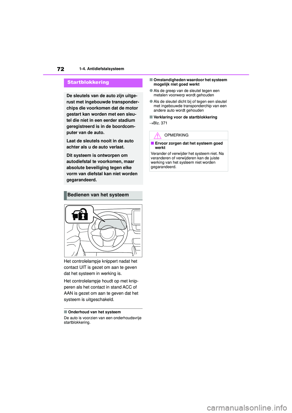TOYOTA GR YARIS 2022 Instructieboekje (in Dutch) 72
YARIS(GR) handleiding_Europa_M52L09_nl
1-4. Antidiefstalsysteem
1-4.Antidiefstalsysteem
Het controlelampje knippert nadat het
contact UIT is gezet om aan te geven
dat het systeem in werking is.
H TOYOTA GR YARIS 2022 Instructieboekje (in Dutch) 72
YARIS(GR) handleiding_Europa_M52L09_nl
1-4. Antidiefstalsysteem
1-4.Antidiefstalsysteem
Het controlelampje knippert nadat het
contact UIT is gezet om aan te geven
dat het systeem in werking is.
H