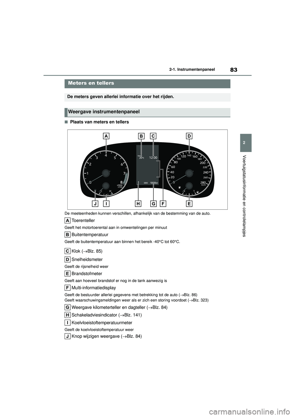 TOYOTA GR YARIS 2022 Instructieboekje (in Dutch) 83
2
YARIS(GR) handleiding_Europa_M52L09_nl
2-1. Instrumentenpaneel
Voertuigstatusinformatie en controlelampjes
■Plaats van meters en tellers
De meeteenheden kunnen verschillen, afhankelijk van de b TOYOTA GR YARIS 2022 Instructieboekje (in Dutch) 83
2
YARIS(GR) handleiding_Europa_M52L09_nl
2-1. Instrumentenpaneel
Voertuigstatusinformatie en controlelampjes
■Plaats van meters en tellers
De meeteenheden kunnen verschillen, afhankelijk van de b