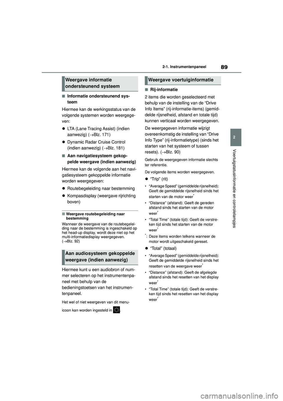 TOYOTA GR YARIS 2022 Instructieboekje (in Dutch) 89
2
YARIS(GR) handleiding_Europa_M52L09_nl
2-1. Instrumentenpaneel
Voertuigstatusinformatie en controlelampjes
■Informatie ondersteunend sys-
teem
Hiermee kan de werkingsstatus van de
volgende sys TOYOTA GR YARIS 2022 Instructieboekje (in Dutch) 89
2
YARIS(GR) handleiding_Europa_M52L09_nl
2-1. Instrumentenpaneel
Voertuigstatusinformatie en controlelampjes
■Informatie ondersteunend sys-
teem
Hiermee kan de werkingsstatus van de
volgende sys