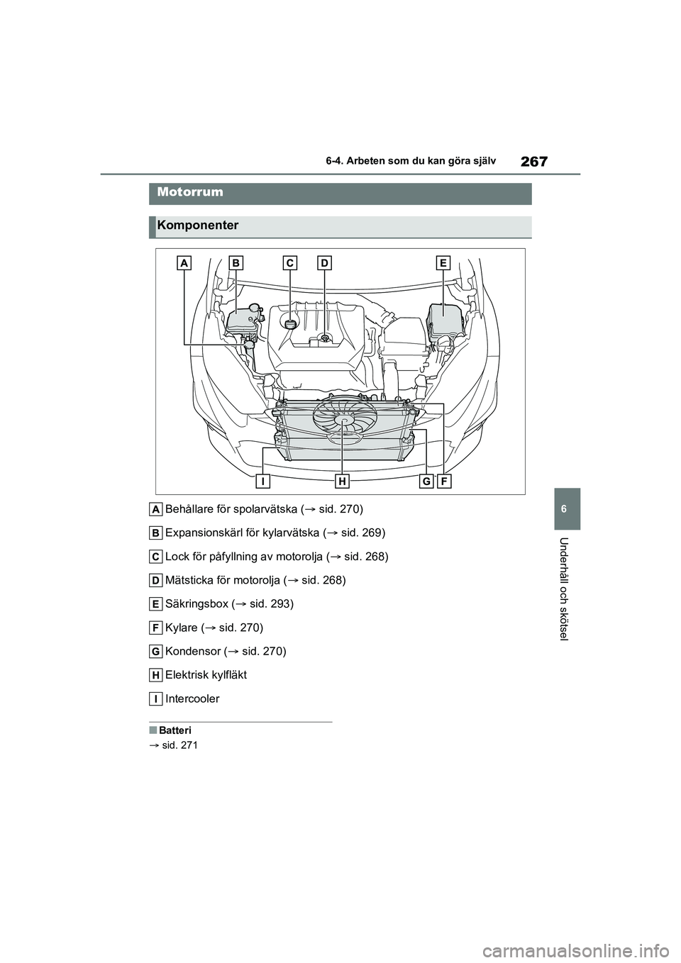 TOYOTA GR YARIS 2022 Bruksanvisningar (in Swedish) 267
6
Yaris OM52L09SE
6-4. Arbeten som du kan göra själv
Underhåll och skötsel
Behållare för spolarvätska (sid. 270)
Expansionskärl för kylarvätska ( sid. 269)
Lock för påfyllning av TOYOTA GR YARIS 2022 Bruksanvisningar (in Swedish) 267
6
Yaris OM52L09SE
6-4. Arbeten som du kan göra själv
Underhåll och skötsel
Behållare för spolarvätska (sid. 270)
Expansionskärl för kylarvätska ( sid. 269)
Lock för påfyllning av