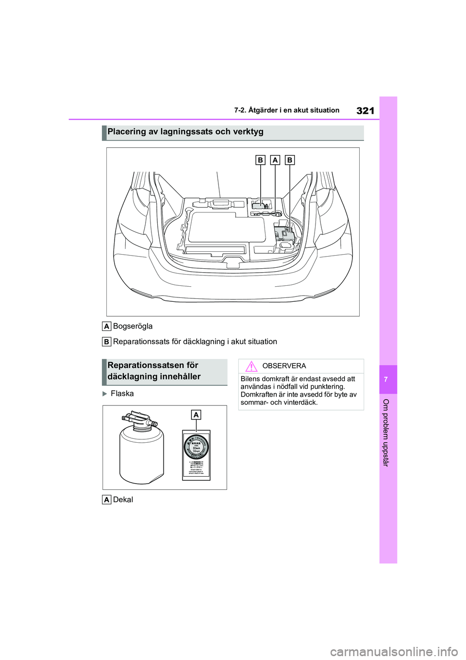 TOYOTA GR YARIS 2022 Bruksanvisningar (in Swedish) 321
7
Yaris OM52L09SE
7-2. Åtgärder i en akut situation
Om problem uppstår
Bogserögla
Reparationssats för däcklagning i akut situation
FlaskaDekal
Placering av lagningssats och verktyg
Repara TOYOTA GR YARIS 2022 Bruksanvisningar (in Swedish) 321
7
Yaris OM52L09SE
7-2. Åtgärder i en akut situation
Om problem uppstår
Bogserögla
Reparationssats för däcklagning i akut situation
FlaskaDekal
Placering av lagningssats och verktyg
Repara