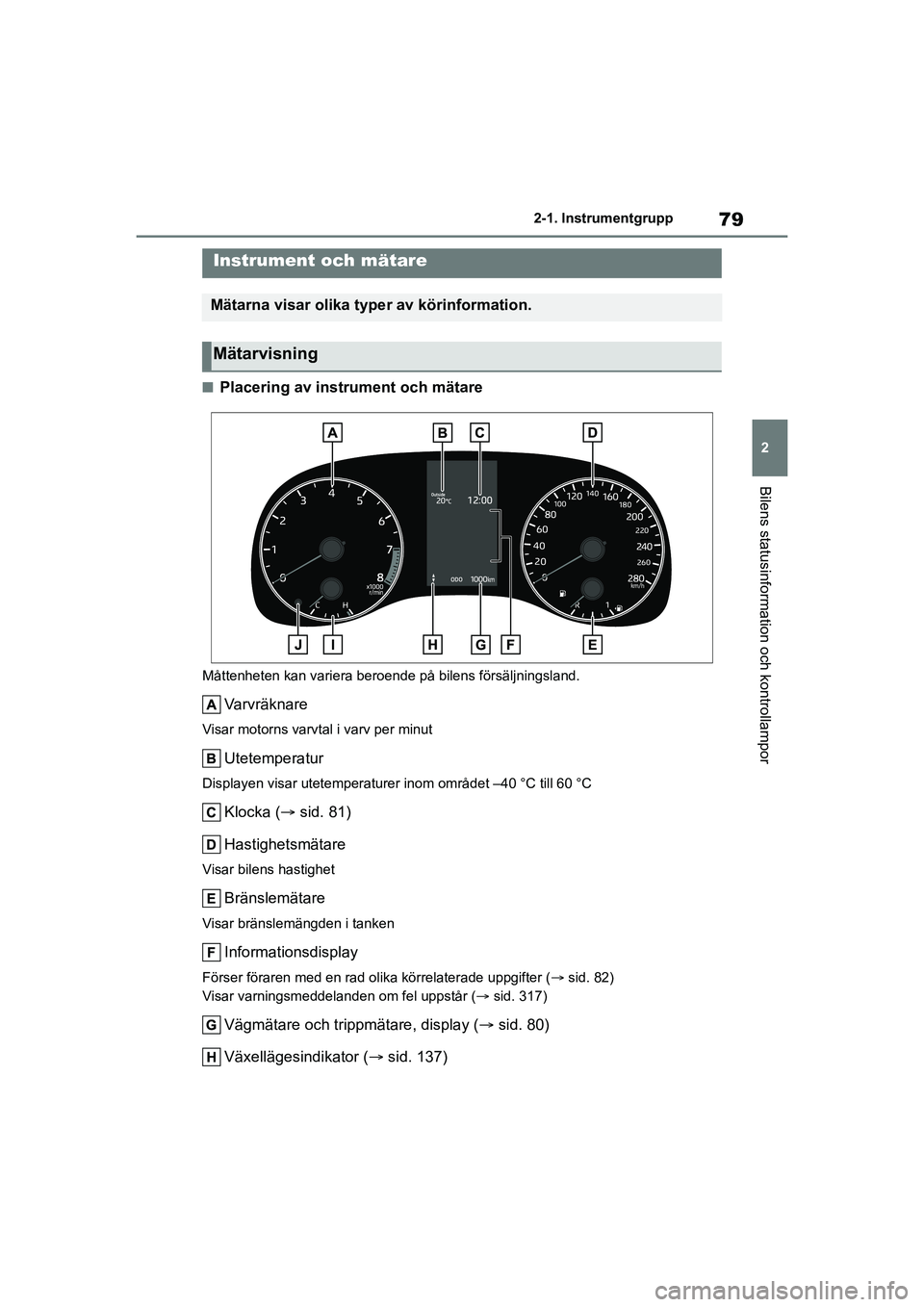 TOYOTA GR YARIS 2020  Bruksanvisningar (in Swedish) 79
2
Yaris OM52L09SE
2-1. Instrumentgrupp
Bilens statusinformation och kontrollampor
nPlacering av instrument och mätare
Måttenheten kan variera beroende på bilens försäljningsland.
Varvräknare
