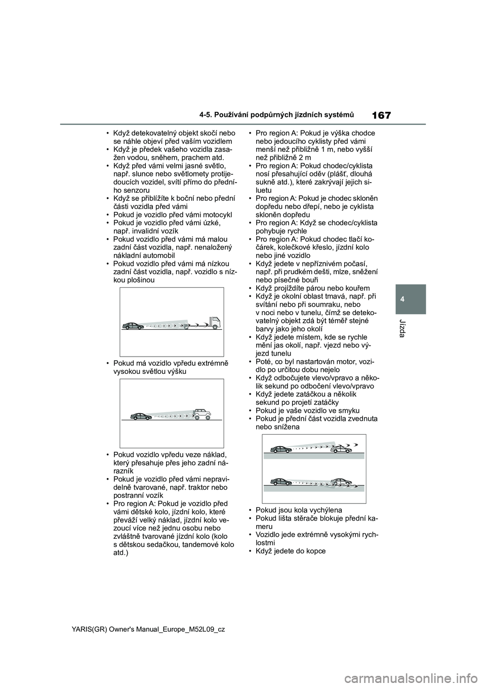 TOYOTA GR YARIS 2022  Návod na použití (in Czech) 167
4
YARIS(GR) Owner's Manual_Europe_M52L09_cz
4-5. Používání podpůrných jízdních systémů
Jízda
• Když detekovatelný objekt skočí nebo  
se náhle objeví př ed vaším vozidlem