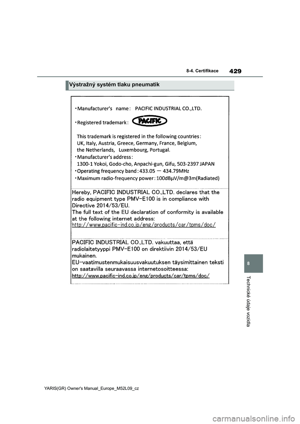 TOYOTA GR YARIS 2020 Návod na použití (in Czech) 429
8
YARIS(GR) Owner's Manual_Europe_M52L09_cz
8-4. Certifikace
Technické údaje vozidla
Výstražný systém tlaku pneumatik TOYOTA GR YARIS 2020 Návod na použití (in Czech) 429
8
YARIS(GR) Owner's Manual_Europe_M52L09_cz
8-4. Certifikace
Technické údaje vozidla
Výstražný systém tlaku pneumatik