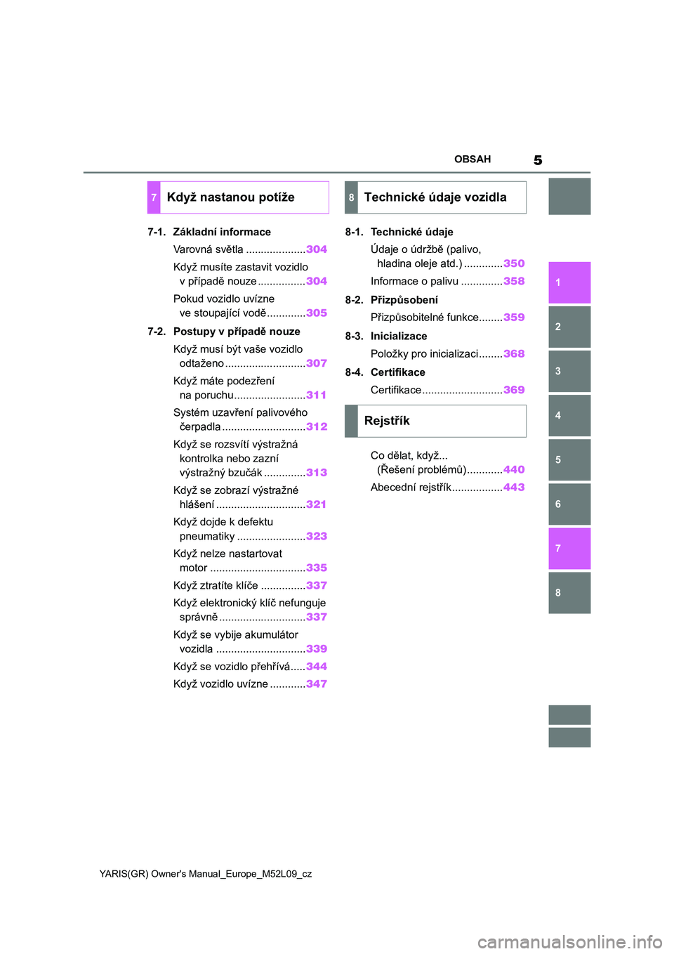 TOYOTA GR YARIS 2022  Návod na použití (in Czech) 5
YARIS(GR) Owner's Manual_Europe_M52L09_cz
OBSAH
1
6 5
4
3
2
8
7
7-1. Základní informace
Varovná světla ....................304
Když musíte zastavit vozidlo 
v případě nouze ............
