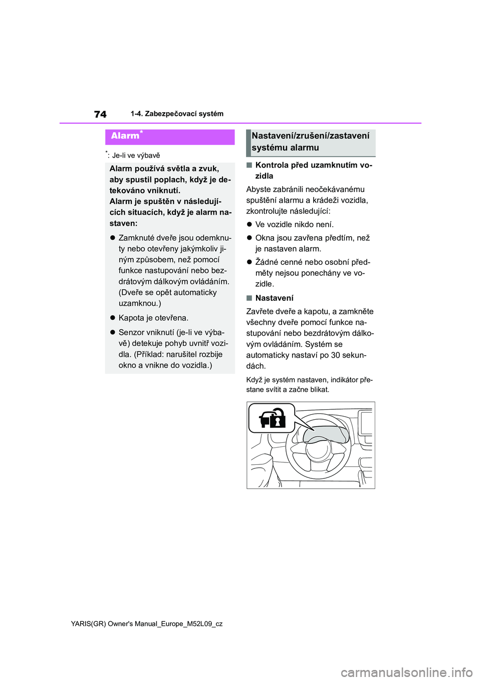 TOYOTA GR YARIS 2022 Návod na použití (in Czech) 74
YARIS(GR) Owner's Manual_Europe_M52L09_cz
1-4. Zabezpečovací systém
*: Je-li ve výbavě
■Kontrola před uzamknutím vo-
zidla
Abyste zabránili neočekávanému
spuštění alarmu a TOYOTA GR YARIS 2022 Návod na použití (in Czech) 74
YARIS(GR) Owner's Manual_Europe_M52L09_cz
1-4. Zabezpečovací systém
*: Je-li ve výbavě
■Kontrola před uzamknutím vo-
zidla
Abyste zabránili neočekávanému
spuštění alarmu a