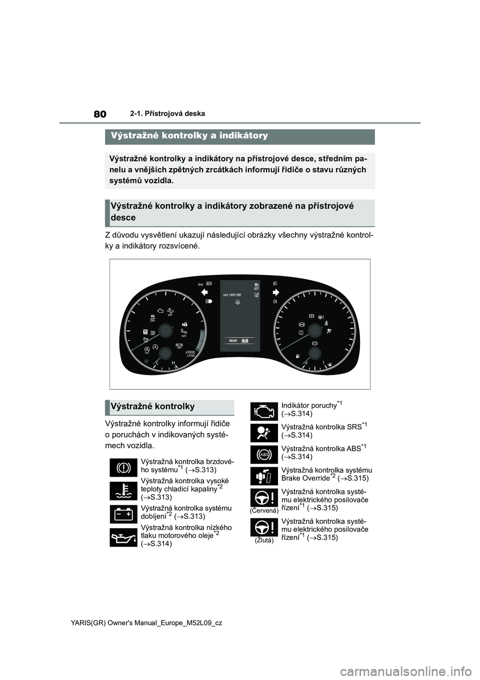 TOYOTA GR YARIS 2020 Návod na použití (in Czech) 80
YARIS(GR) Owner's Manual_Europe_M52L09_cz
2-1. Přístrojová deska
2-1.Přístrojová deska
Z důvodu vysvětlení ukazují následující obrázky všechny výstražné kontrol-
ky a indiká TOYOTA GR YARIS 2020 Návod na použití (in Czech) 80
YARIS(GR) Owner's Manual_Europe_M52L09_cz
2-1. Přístrojová deska
2-1.Přístrojová deska
Z důvodu vysvětlení ukazují následující obrázky všechny výstražné kontrol-
ky a indiká