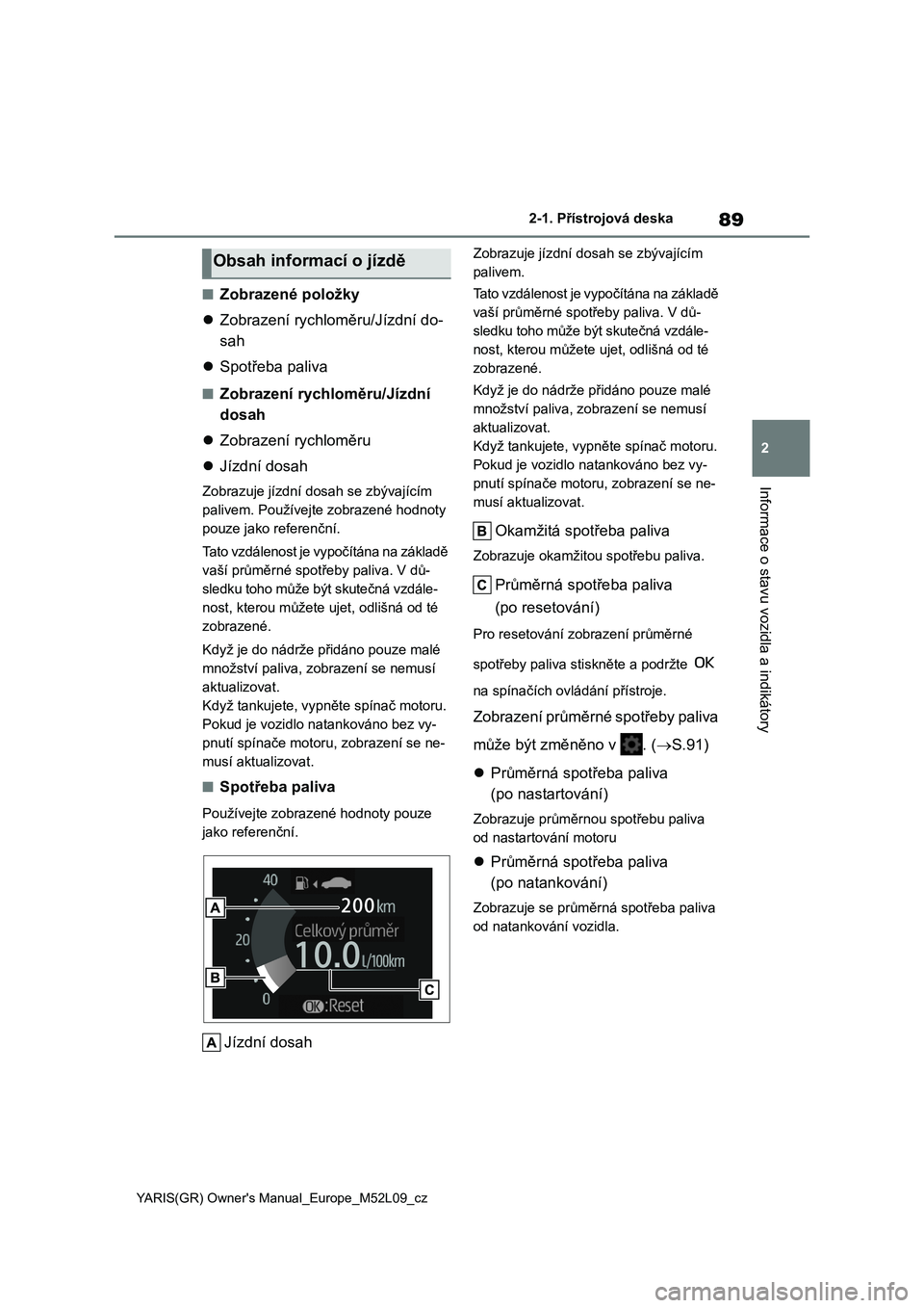TOYOTA GR YARIS 2020 Návod na použití (in Czech) 89
2
YARIS(GR) Owner's Manual_Europe_M52L09_cz
2-1. Přístrojová deska
Informace o stavu vozidla a indikátory
■Zobrazené položky
Zobrazení rychloměru/Jízdní do-
sah
Spotřeba TOYOTA GR YARIS 2020 Návod na použití (in Czech) 89
2
YARIS(GR) Owner's Manual_Europe_M52L09_cz
2-1. Přístrojová deska
Informace o stavu vozidla a indikátory
■Zobrazené položky
Zobrazení rychloměru/Jízdní do-
sah
Spotřeba