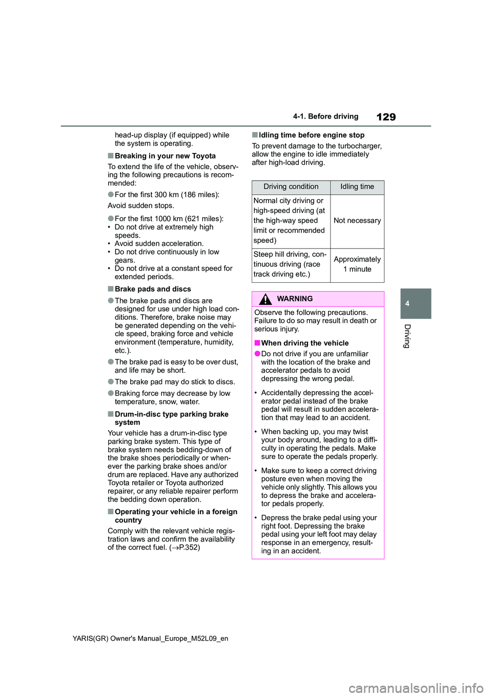 TOYOTA GR YARIS 2021 Owners Manual 129
4
YARIS(GR) Owners Manual_Europe_M52L09_en
4-1. Before driving
Driving
head-up display (if equipped) while
the system is operating.
■Breaking in your new Toyota
To extend the life of the veh TOYOTA GR YARIS 2021 Owners Manual 129
4
YARIS(GR) Owners Manual_Europe_M52L09_en
4-1. Before driving
Driving
head-up display (if equipped) while
the system is operating.
■Breaking in your new Toyota
To extend the life of the veh