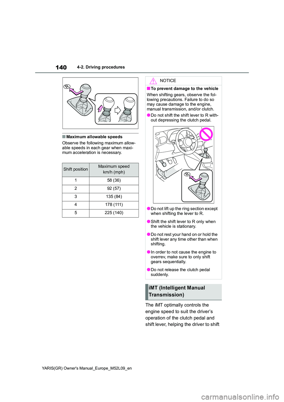 TOYOTA GR YARIS 2021 Owners Manual 140
YARIS(GR) Owners Manual_Europe_M52L09_en
4-2. Driving procedures
■Maximum allowable speeds
Observe the following maximum allow-
able speeds in each gear when maxi- mum acceleration is necessa TOYOTA GR YARIS 2021 Owners Manual 140
YARIS(GR) Owners Manual_Europe_M52L09_en
4-2. Driving procedures
■Maximum allowable speeds
Observe the following maximum allow-
able speeds in each gear when maxi- mum acceleration is necessa