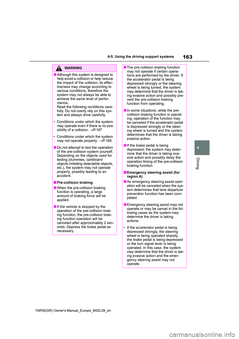 TOYOTA GR YARIS 2021 Owners Manual 163
4
YARIS(GR) Owners Manual_Europe_M52L09_en
4-5. Using the driving support systems
Driving
WARNING
●Although this system is designed to help avoid a collision or help reduce
the impact of the TOYOTA GR YARIS 2021 Owners Manual 163
4
YARIS(GR) Owners Manual_Europe_M52L09_en
4-5. Using the driving support systems
Driving
WARNING
●Although this system is designed to help avoid a collision or help reduce
the impact of the