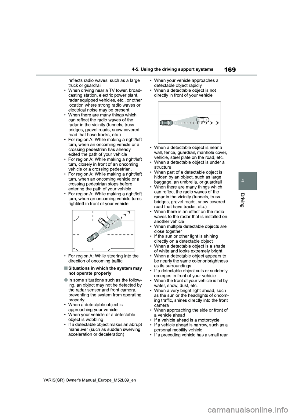 TOYOTA GR YARIS 2021 Owners Manual 169
4
YARIS(GR) Owners Manual_Europe_M52L09_en
4-5. Using the driving support systems
Driving
reflects radio waves, such as a large
truck or guardrail
• When driving near a TV tower, broad-
castin TOYOTA GR YARIS 2021 Owners Manual 169
4
YARIS(GR) Owners Manual_Europe_M52L09_en
4-5. Using the driving support systems
Driving
reflects radio waves, such as a large
truck or guardrail
• When driving near a TV tower, broad-
castin