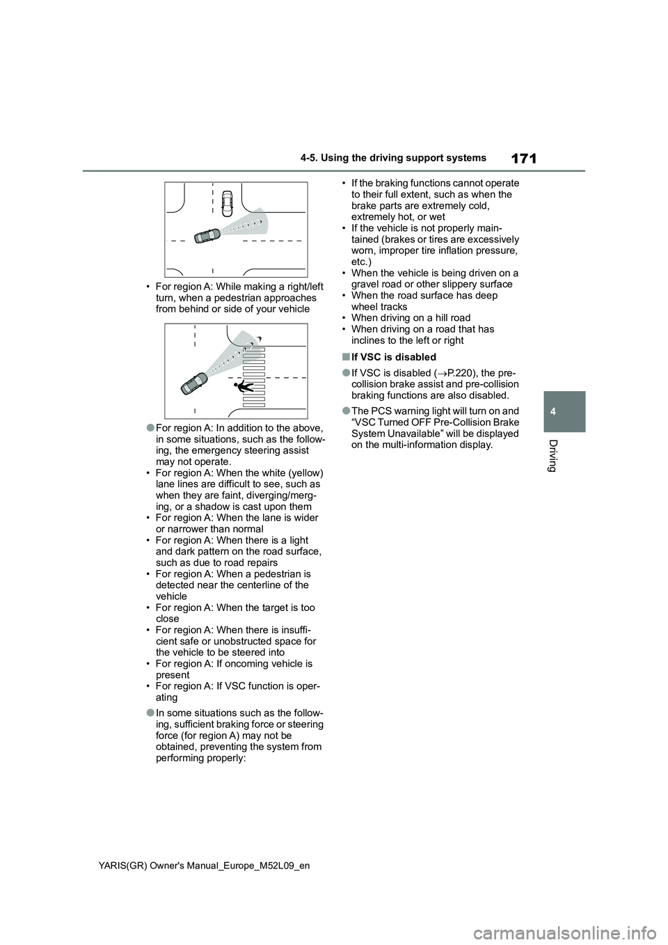 TOYOTA GR YARIS 2021 Owners Manual 171
4
YARIS(GR) Owners Manual_Europe_M52L09_en
4-5. Using the driving support systems
Driving
• For region A: While making a right/left
turn, when a pedestrian approaches
from behind or side of y TOYOTA GR YARIS 2021 Owners Manual 171
4
YARIS(GR) Owners Manual_Europe_M52L09_en
4-5. Using the driving support systems
Driving
• For region A: While making a right/left
turn, when a pedestrian approaches
from behind or side of y