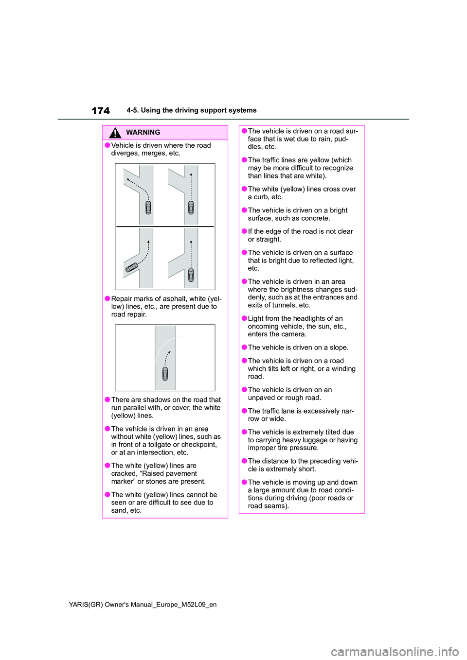 TOYOTA GR YARIS 2021 Owners Manual 174
YARIS(GR) Owners Manual_Europe_M52L09_en
4-5. Using the driving support systems
WARNING
●Vehicle is driven where the road diverges, merges, etc.
●Repair marks of asphalt, white (yel-low) lin TOYOTA GR YARIS 2021 Owners Manual 174
YARIS(GR) Owners Manual_Europe_M52L09_en
4-5. Using the driving support systems
WARNING
●Vehicle is driven where the road diverges, merges, etc.
●Repair marks of asphalt, white (yel-low) lin