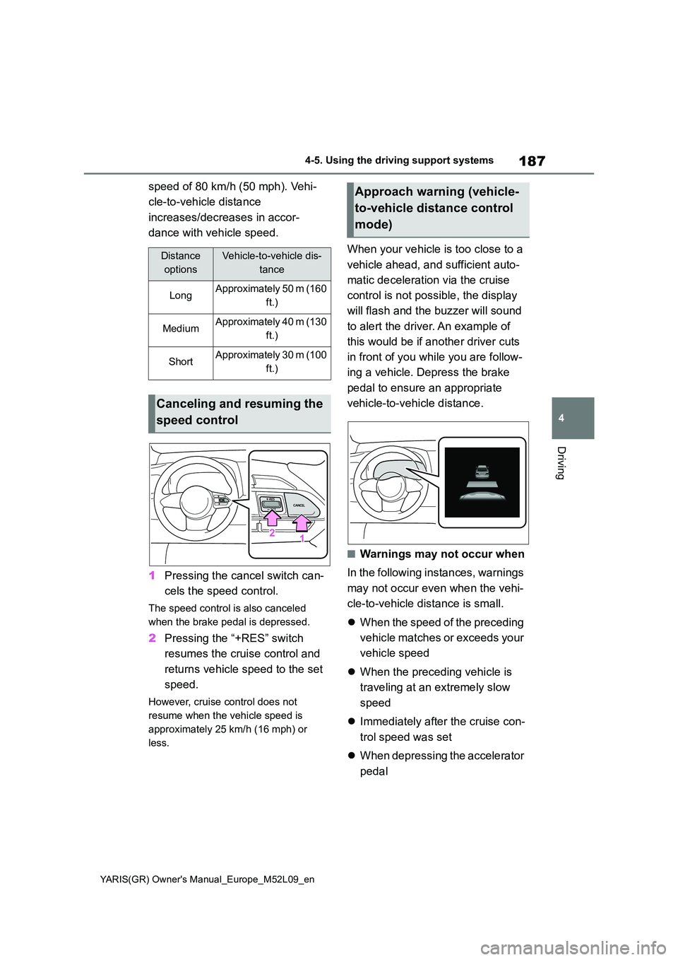 TOYOTA GR YARIS 2021 Owners Manual 187
4
YARIS(GR) Owners Manual_Europe_M52L09_en
4-5. Using the driving support systems
Driving
speed of 80 km/h (50 mph). Vehi-
cle-to-vehicle distance
increases/decreases in accor-
dance with veh TOYOTA GR YARIS 2021 Owners Manual 187
4
YARIS(GR) Owners Manual_Europe_M52L09_en
4-5. Using the driving support systems
Driving
speed of 80 km/h (50 mph). Vehi-
cle-to-vehicle distance
increases/decreases in accor-
dance with veh