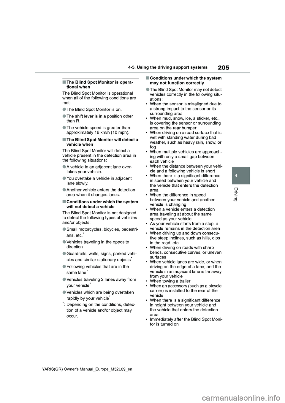 TOYOTA GR YARIS 2021 Owners Manual 205
4
YARIS(GR) Owners Manual_Europe_M52L09_en
4-5. Using the driving support systems
Driving
■The Blind Spot Monitor is opera-
tional when
The Blind Spot Monitor is operational
when all of the fo TOYOTA GR YARIS 2021 Owners Manual 205
4
YARIS(GR) Owners Manual_Europe_M52L09_en
4-5. Using the driving support systems
Driving
■The Blind Spot Monitor is opera-
tional when
The Blind Spot Monitor is operational
when all of the fo