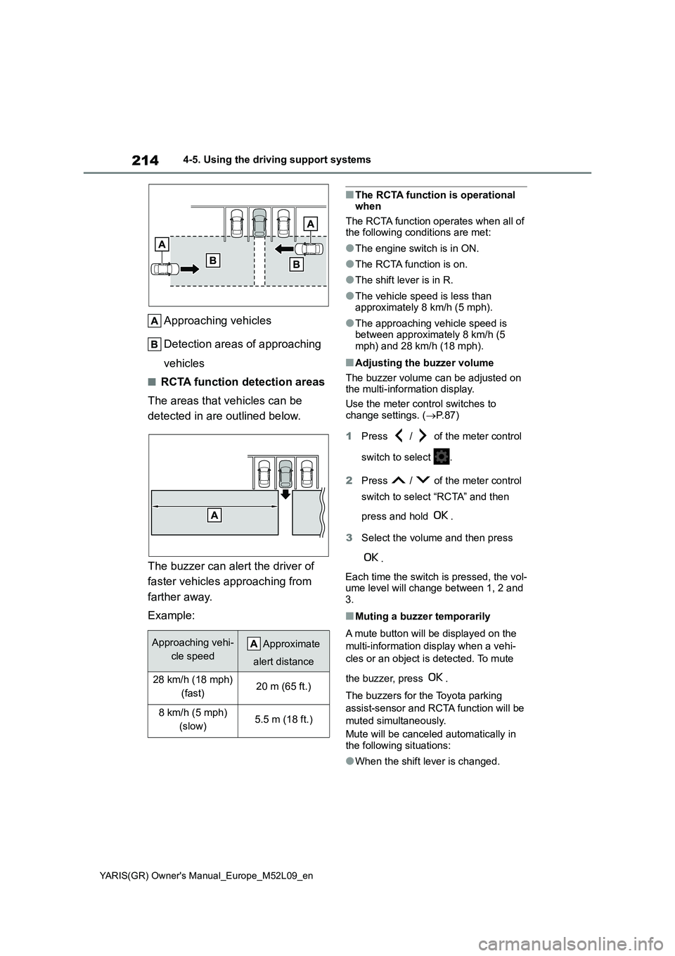 TOYOTA GR YARIS 2021 Owners Manual 214
YARIS(GR) Owners Manual_Europe_M52L09_en
4-5. Using the driving support systems
Approaching vehicles
Detection areas of approaching
vehicles
■RCTA function detection areas
The areas that ve TOYOTA GR YARIS 2021 Owners Manual 214
YARIS(GR) Owners Manual_Europe_M52L09_en
4-5. Using the driving support systems
Approaching vehicles
Detection areas of approaching
vehicles
■RCTA function detection areas
The areas that ve
