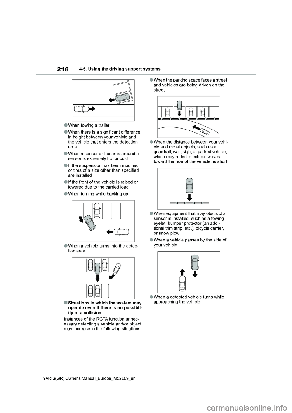TOYOTA GR YARIS 2021 Owners Manual 216
YARIS(GR) Owners Manual_Europe_M52L09_en
4-5. Using the driving support systems
●When towing a trailer
●When there is a significant difference in height between your vehicle and
the vehicl TOYOTA GR YARIS 2021 Owners Manual 216
YARIS(GR) Owners Manual_Europe_M52L09_en
4-5. Using the driving support systems
●When towing a trailer
●When there is a significant difference in height between your vehicle and
the vehicl