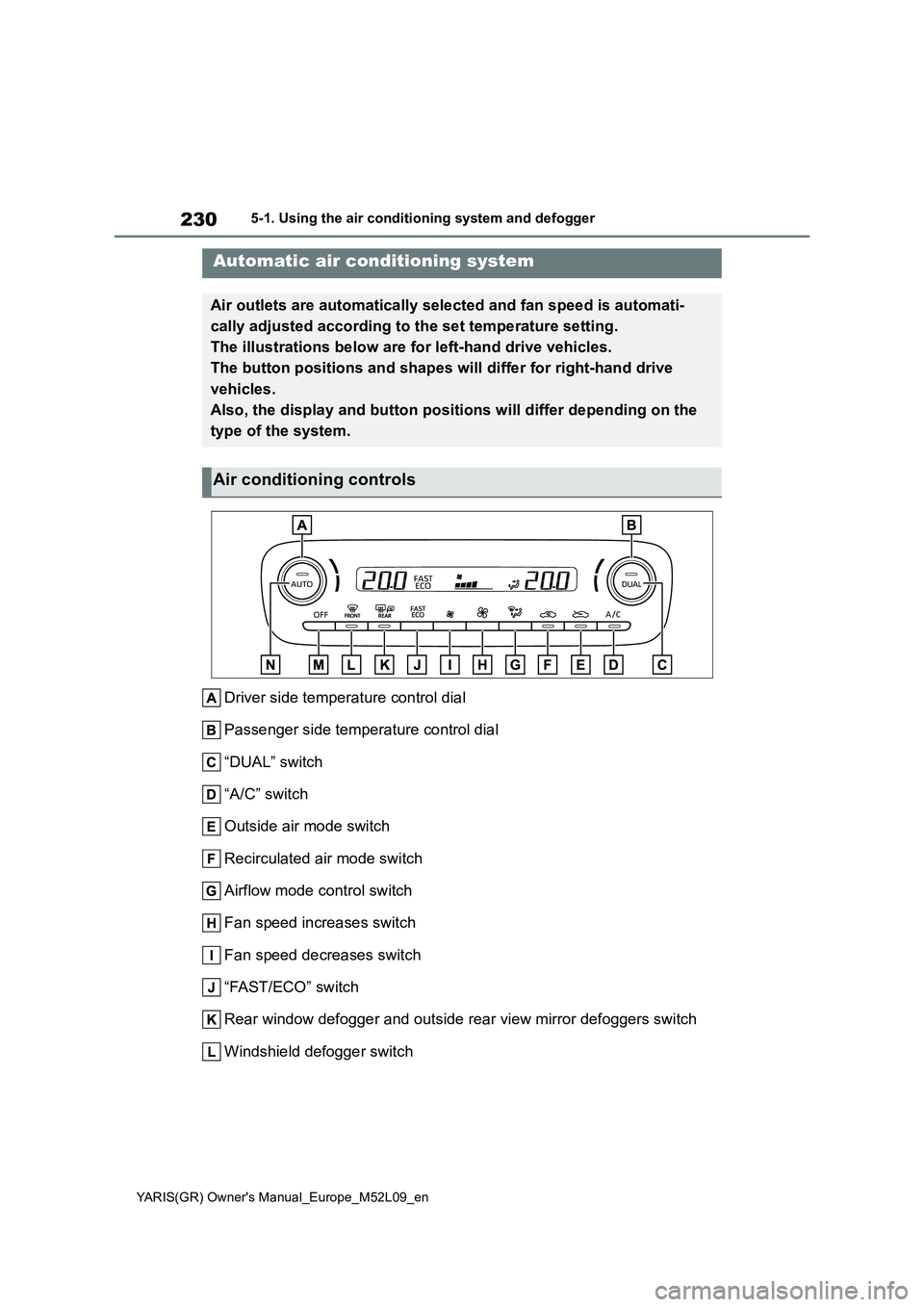 TOYOTA GR YARIS 2021 Owners Manual 230
YARIS(GR) Owners Manual_Europe_M52L09_en
5-1. Using the air conditioning system and defogger
5-1.Using the a ir c onditioning sys te m and de fog ger
Driver side temperature control dial
Passen TOYOTA GR YARIS 2021 Owners Manual 230
YARIS(GR) Owners Manual_Europe_M52L09_en
5-1. Using the air conditioning system and defogger
5-1.Using the a ir c onditioning sys te m and de fog ger
Driver side temperature control dial
Passen