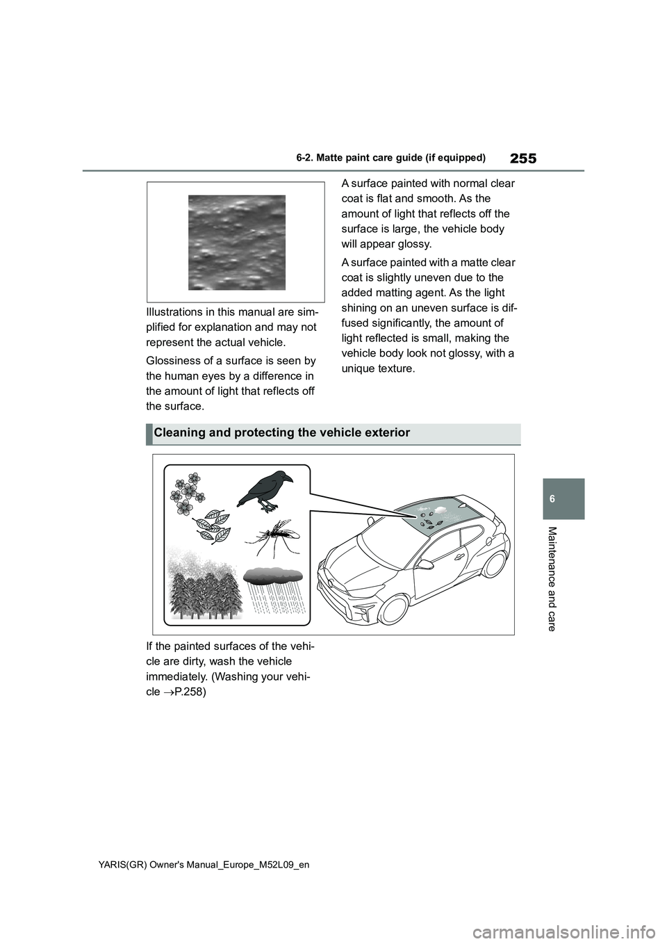 TOYOTA GR YARIS 2021  Owners Manual 255
6
YARIS(GR) Owners Manual_Europe_M52L09_en
6-2. Matte paint care guide (if equipped)
Maintenance and care
Illustrations in this manual are sim-
plified for explanation and may not 
represent the 