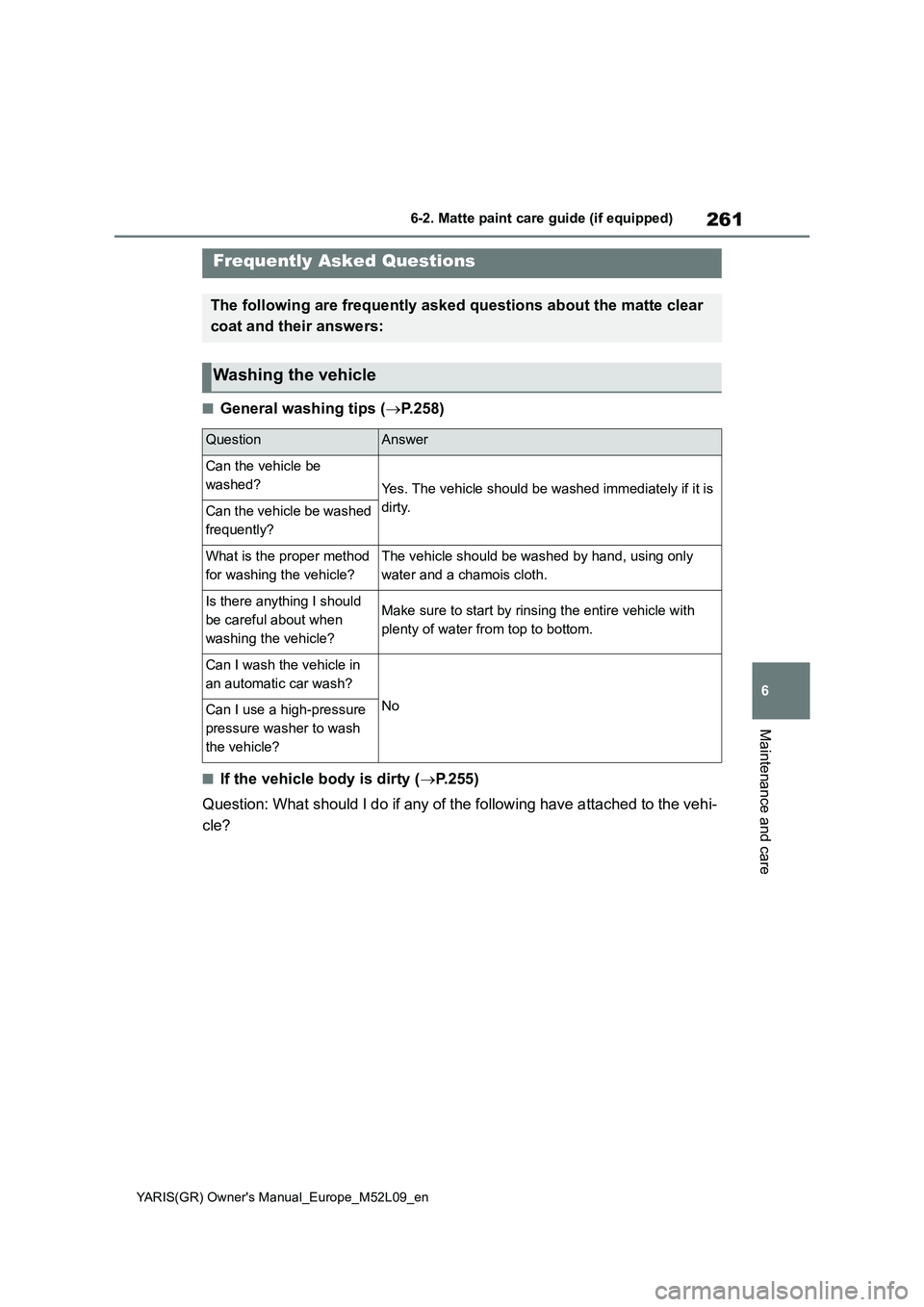 TOYOTA GR YARIS 2021 Owners Manual 261
6
YARIS(GR) Owners Manual_Europe_M52L09_en
6-2. Matte paint care guide (if equipped)
Maintenance and care
■General washing tips (→P.258)
■If the vehicle body is dirty (→P.255)
Question: W TOYOTA GR YARIS 2021 Owners Manual 261
6
YARIS(GR) Owners Manual_Europe_M52L09_en
6-2. Matte paint care guide (if equipped)
Maintenance and care
■General washing tips (→P.258)
■If the vehicle body is dirty (→P.255)
Question: W