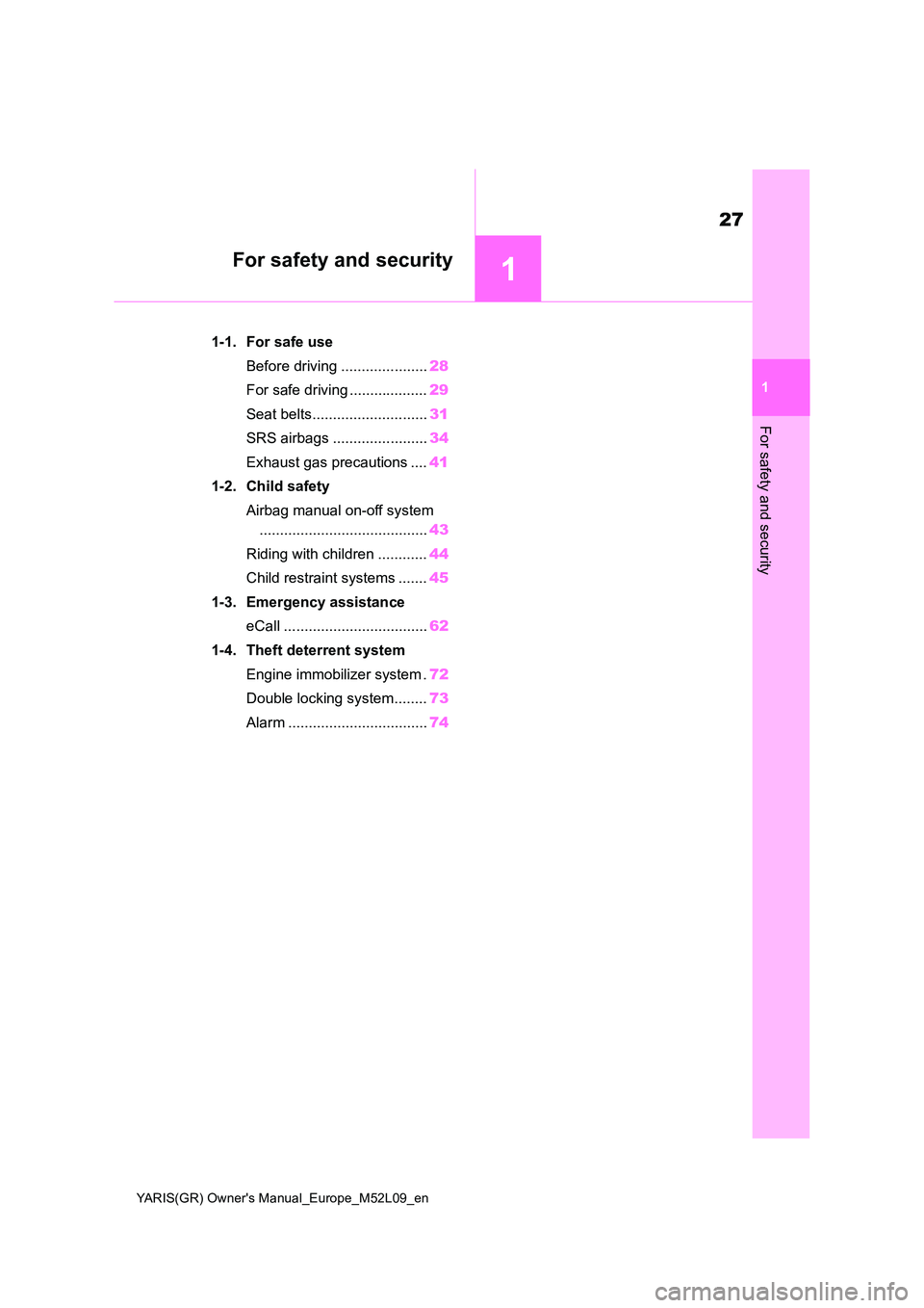 TOYOTA GR YARIS 2020 Owners Manual 1
27
YARIS(GR) Owners Manual_Europe_M52L09_en
1
For safety and security
For safety and security
1-1. For safe use 
Before driving ..................... 28 
For safe driving ................... 29 
Se