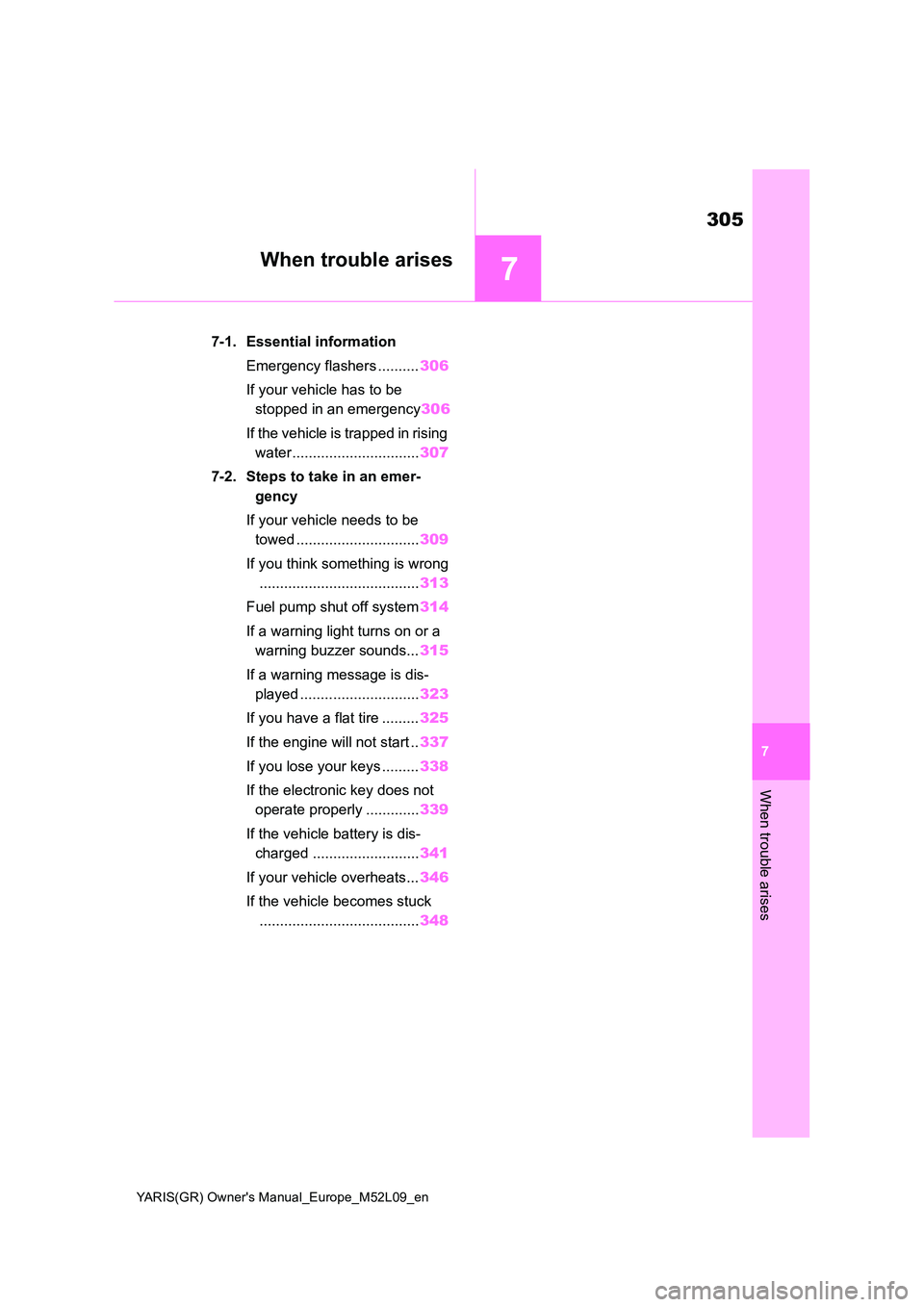 TOYOTA GR YARIS 2021  Owners Manual 7
305
YARIS(GR) Owners Manual_Europe_M52L09_en
7
When trouble arises
When trouble arises
7-1. Essential information 
Emergency flashers .......... 306 
If your vehicle has to be  
stopped in an emerg