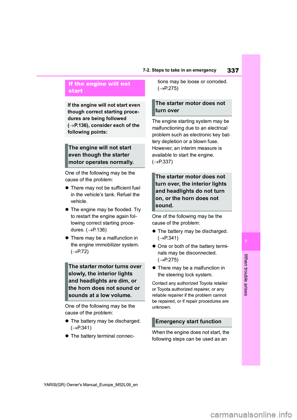 TOYOTA GR YARIS 2020  Owners Manual 337
7
YARIS(GR) Owners Manual_Europe_M52L09_en
7-2. Steps to take in an emergency
When trouble arises
One of the following may be the  
cause of the problem: 
�z There may not be sufficient fuel  
in